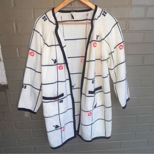 Vintage Playing Card Queen of Hearts Spades Clubs White Cardigan L
